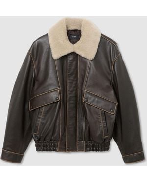 Reiss Mardin Leather Shearling-Collar Aviator Jacket - Black