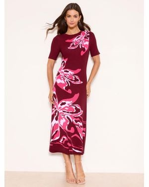 Lipsy Floral Print Short Sleeve Midi Knit Dress - Red