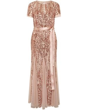 Gina Bacconi Monique Embroidered Sequin Godet Maxi Dress - Pink