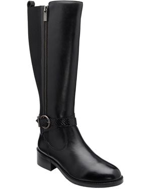 Lotus Leather Knee High Boots With Stretch Panel - Black