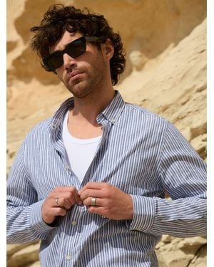 Threadbare Stripe Linen Long Sleeve Shirt - Blue