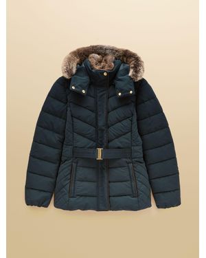 Joules Aspen Showerproof Padded Coat With Faux Fur Hood - Blue