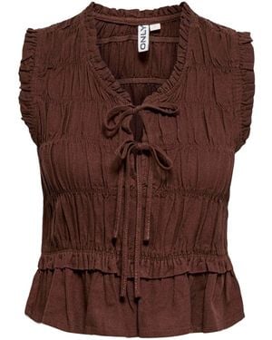 ONLY Tie Front Linen Blend Top With Smock Details - Brown