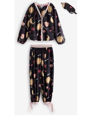 Never Fully Dressed Mystic Viscose Nylon Button-Through Pajamas With Eye Mask Set - Black