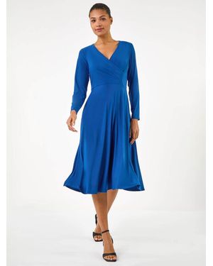 Roman Wrap Bodice Tie Waist Midi Dress - Blue