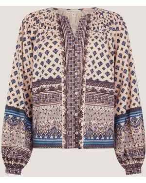 Monsoon Hern Cotton V-Neck Floral Print Jersey Long Sleeve Blouse - Natural