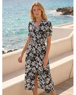 Roman Floral Shirred Collared Midi Dress - Blue