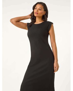 Roman Ribbed Cap Sleeve Midi Dress - Black