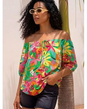 Roman Floral Print Bardot Top - Green
