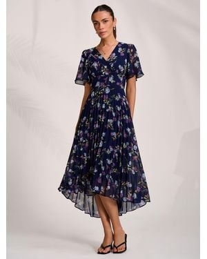 Jolie Moi Printed Chiffon Pleated Maxi Dress - Blue
