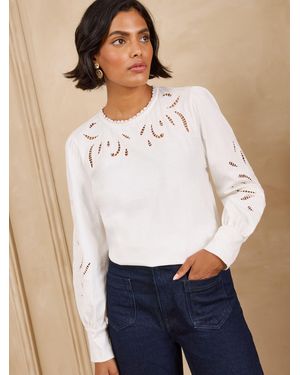 Love & Roses Ivory Cutwork Embroidered Piecrust Long Sleeve Top - White