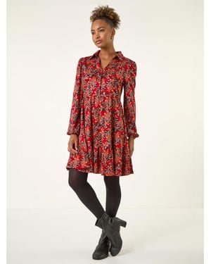 Roman Floral Print Button Stretch Dress - Red