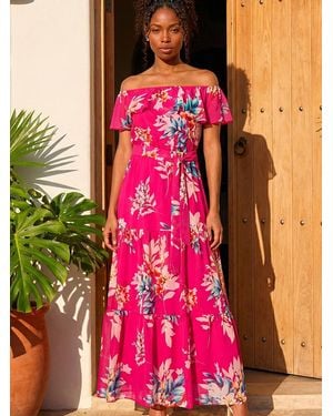 Roman Floral Print Bardot Belted Maxi Dress - Pink