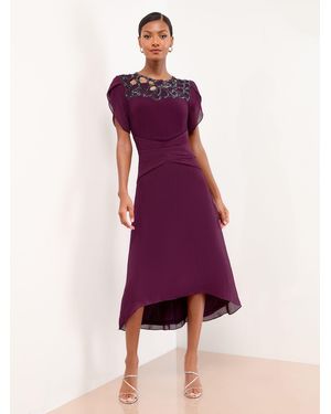 Lipsy Embellished Cut Out Short Sleeve Pleated Fit And Flare Midi Dress - Purple