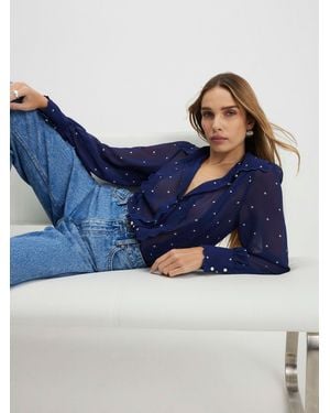 River Island Long Sleeve Polka Dot Scallop Hem Chiffon Shirt - Blue