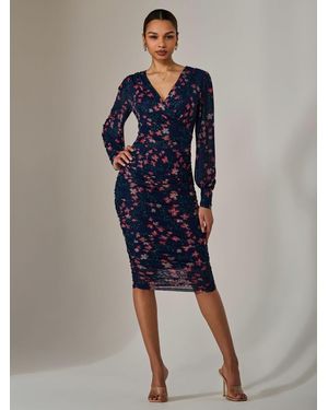 Jolie Moi Mesh Long Sleeve Ruched Bodycon Dress - Blue