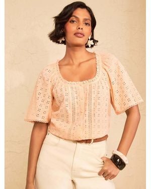 Love & Roses Peach Petite Broderie Scoop Neck Blouse - Natural