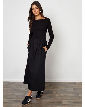 Threadbare 2-In-1 Jersey Poplin Mix Slash Neck Long Sleeve Dress - Black