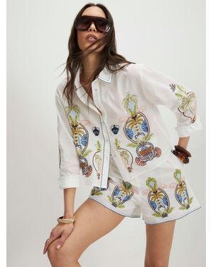 River Island Long Sleeve Palm Print Embroidered Shirt - White