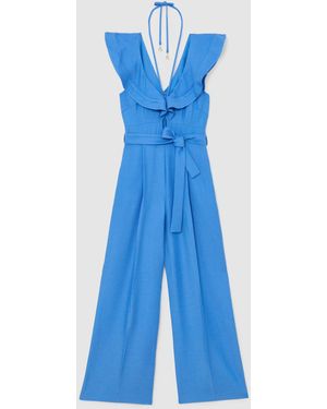 Reiss Sophia - Blue Ruffle Tie-neck Wide-leg Jumpsuit, Us 2