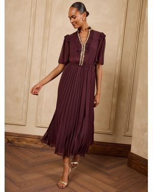 Love & Roses Embellished Trim Pleated Skirt Midi Dress - Brown