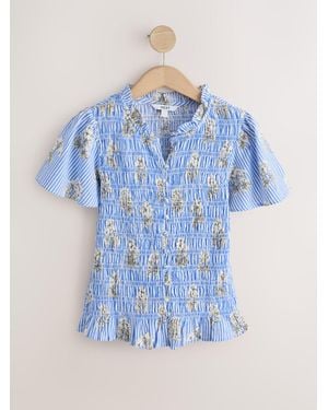 Next Flutter Sleeve Button Front Smocked Top - Blue
