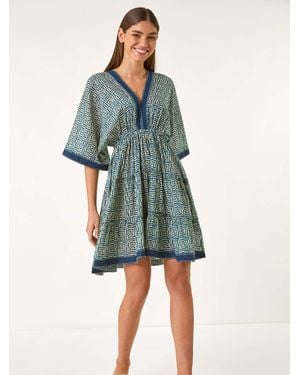 Roman Geometric Contrast Tiered Dress - Green