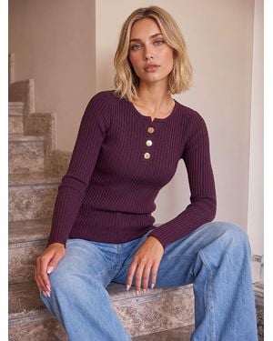 Roman Button Detail Knitted Top - Purple