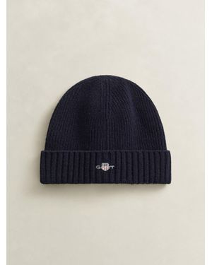 GANT Shield Logo Wool Blend Beanie Hat - Blue