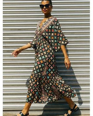 Roman Geo Print V-Neck Frill Maxi Dress - Green