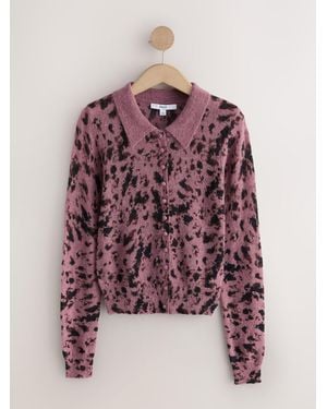 Next Mauve Animal Sheer Knitted Long Sleeve Collared Cardigan - Purple