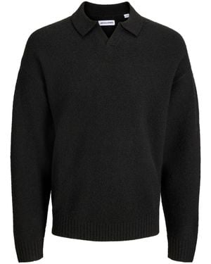 Jack & Jones Fluffy Long Sleeve Knitted Polo Shirt - Black