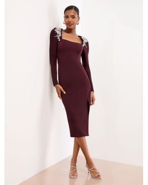 Lipsy Embellished Shoulder Trim Long Sleeve Bodycon Midi Dress - Red