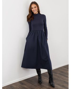 Threadbare Cotton Blend Ribbed Jersey High Neck Midaxi Dress - Blue
