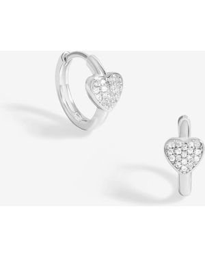 Simply Silver 925 Pave Heart Huggie Hoop Earrings - White