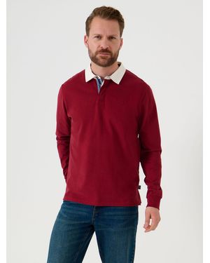 Saltwell Contrast Collar Cotton Long Sleeve Polo Shirt - Red
