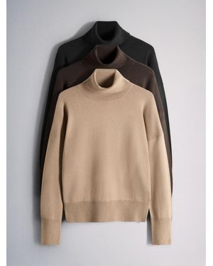 The Set 3 Pack Fine Knit Roll Neck Jumpers/Chocolate/Taupe - Black