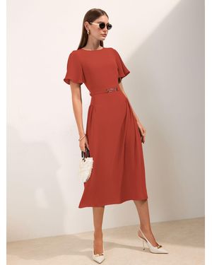 Friends Like These Belted Flutter Sleeve Midi Dress - Red
