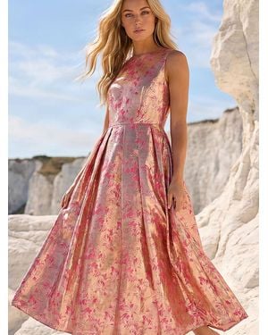 Roman Metallic Jacquard Midi Dress - Red