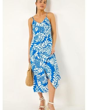 Roman Petite Leaf Print Strappy Midi Dress - Blue