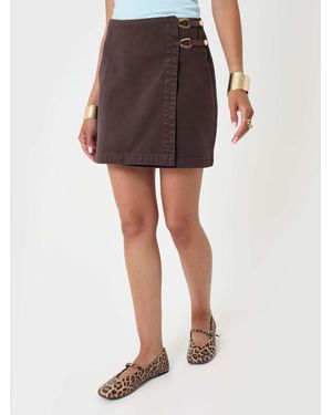 Threadbare Pleated Denim Wrap Mini Skirt - Brown