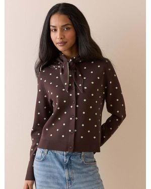 Nobody's Child Nobodys Child Polka Dot Jacquard Cardigan With Neck Tie - Brown