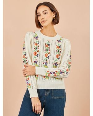 Yumi' Floral Embroidery Cable Sweater - Natural