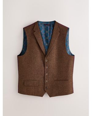 Next Rust Slim Fit Nova Fides Italian Wool Blend Trimmed Herringbone Suit Waistcoat - Brown