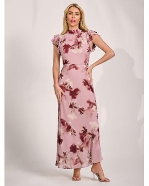 Jolie Moi High Neck Ruffle Sleeve Chiffon Maxi Dress - Pink