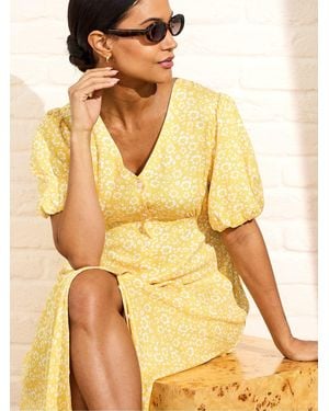 Jojo Maman Bébé Puff Sleeve Button Through Tie Waist Tea Maternity Dress - Yellow