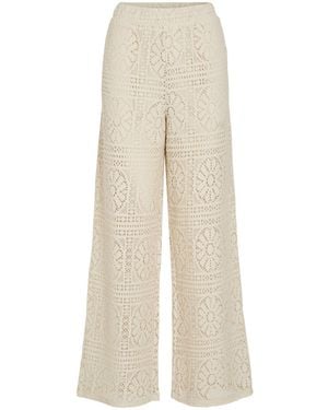 Vila Crochet Style Patterend High Waisted Wide Leg Pants - White