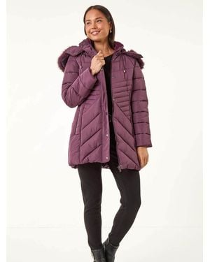 Roman Petite Faux Fur Hood Longline Quilted Coat - Purple