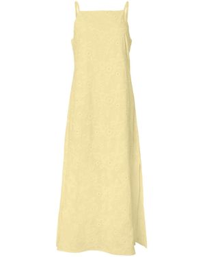 Pieces Embroidered Cotton Ankle Dress - Yellow