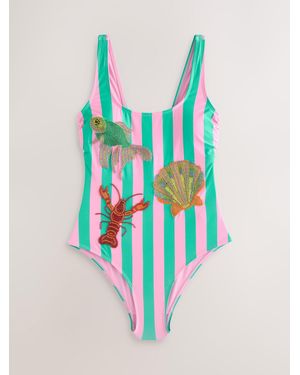Next Stripe Beaded Embellished Tummy Control Scoop Swimsuit - Blue